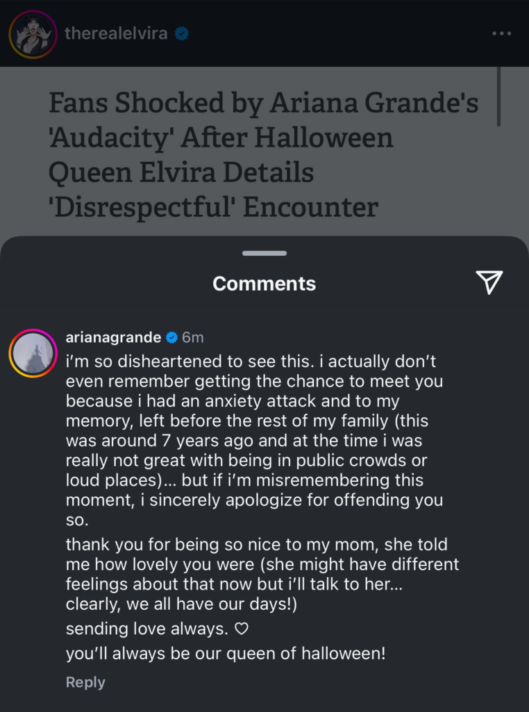 A dark mode screenshot of Ariana Grande's response to an Instagram post by Elvira.