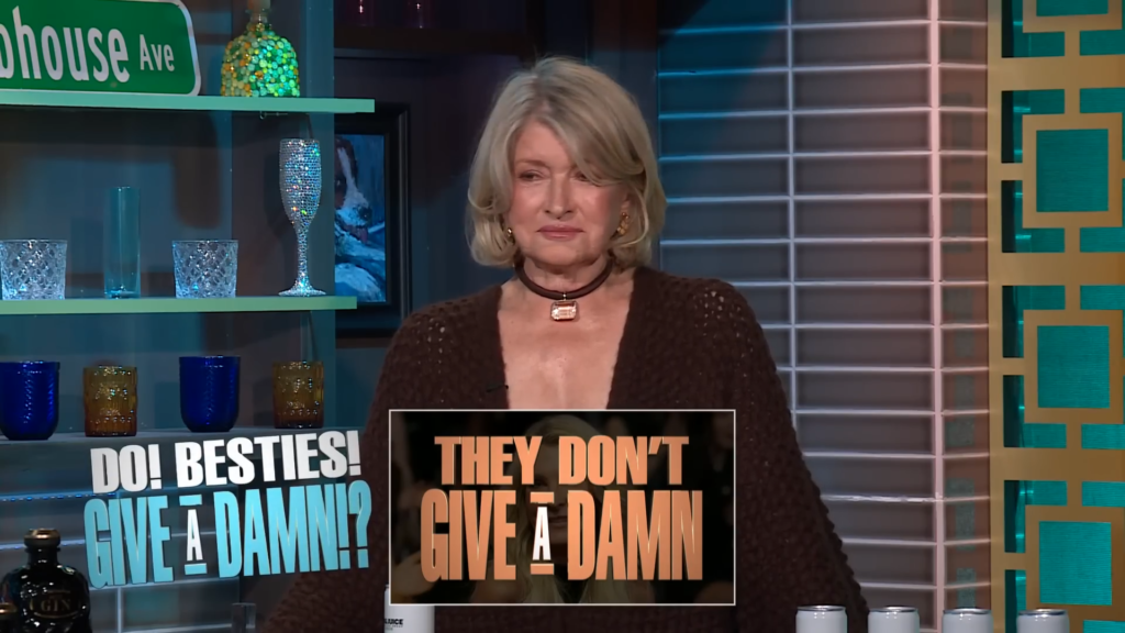 A screenshot of Martha Stewart on Watch What Happens Live in October 2024.