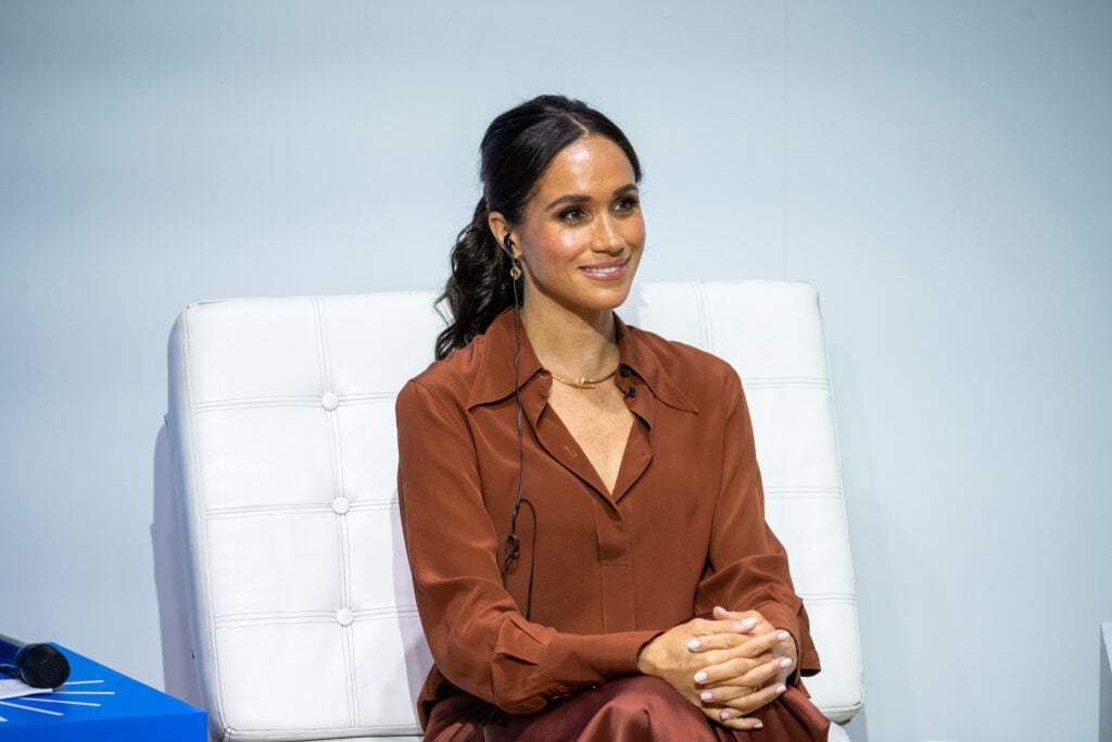 Meghan, Duchess of Sussex, during a forum on digital responsibility at EAN University during a tour of Colombia on August 15, 2024 in Bogotá, Colombia.