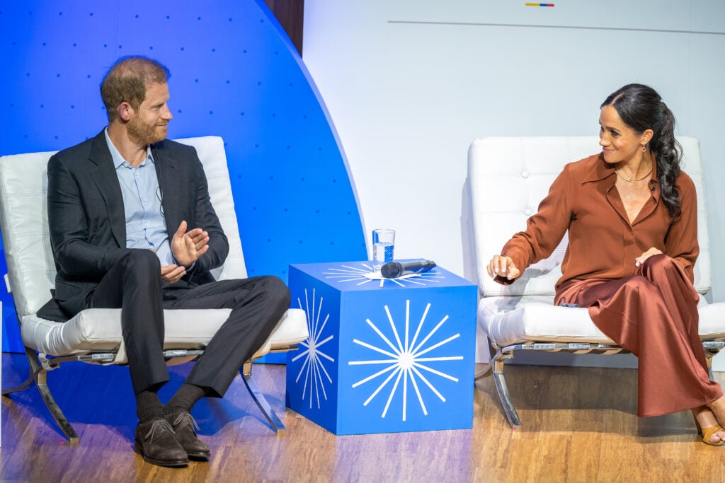 Prince Harry, Duke of Sussex and Meghan, Duchess of Sussex speak on stage at EAN University during a tour of Colombia on August 15, 2024 in Bogotá, Colombia.