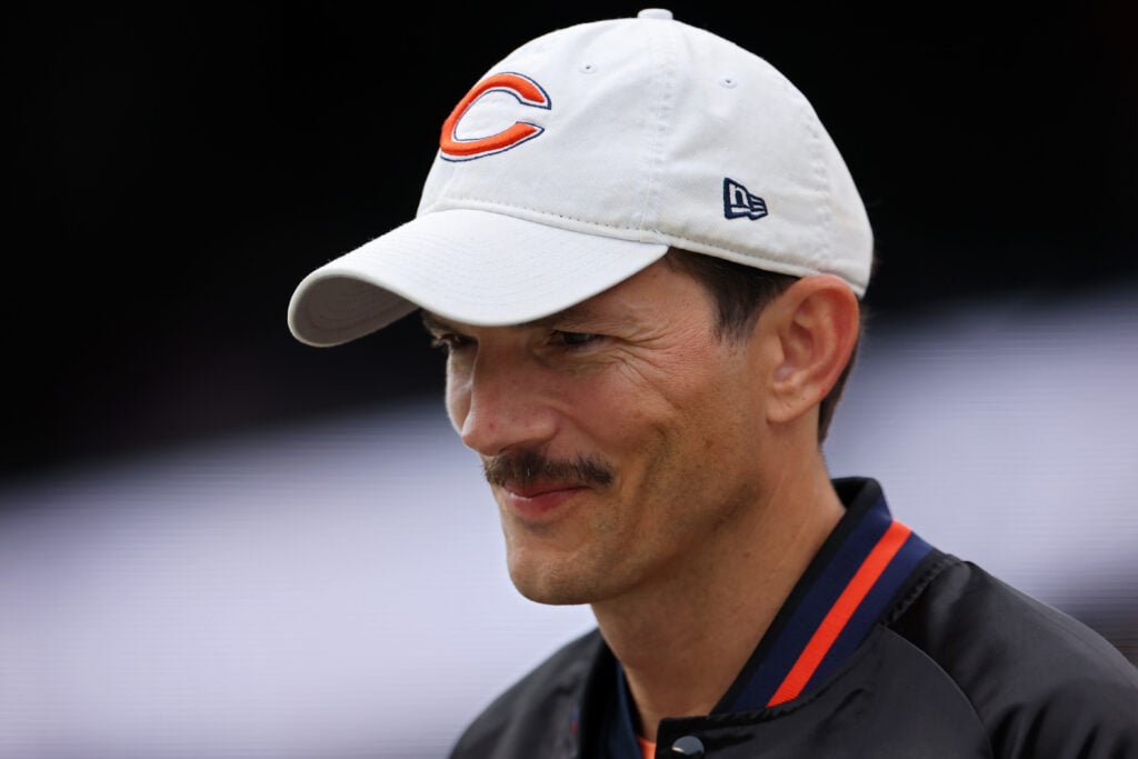 Ashton Kutcher is seen before the game between the Chicago Bears and Los Angeles Rams at Soldier Field on September 29, 2024 in Chicago, Illinois.